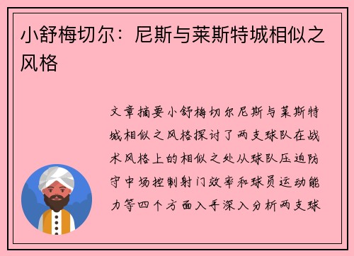 小舒梅切尔：尼斯与莱斯特城相似之风格